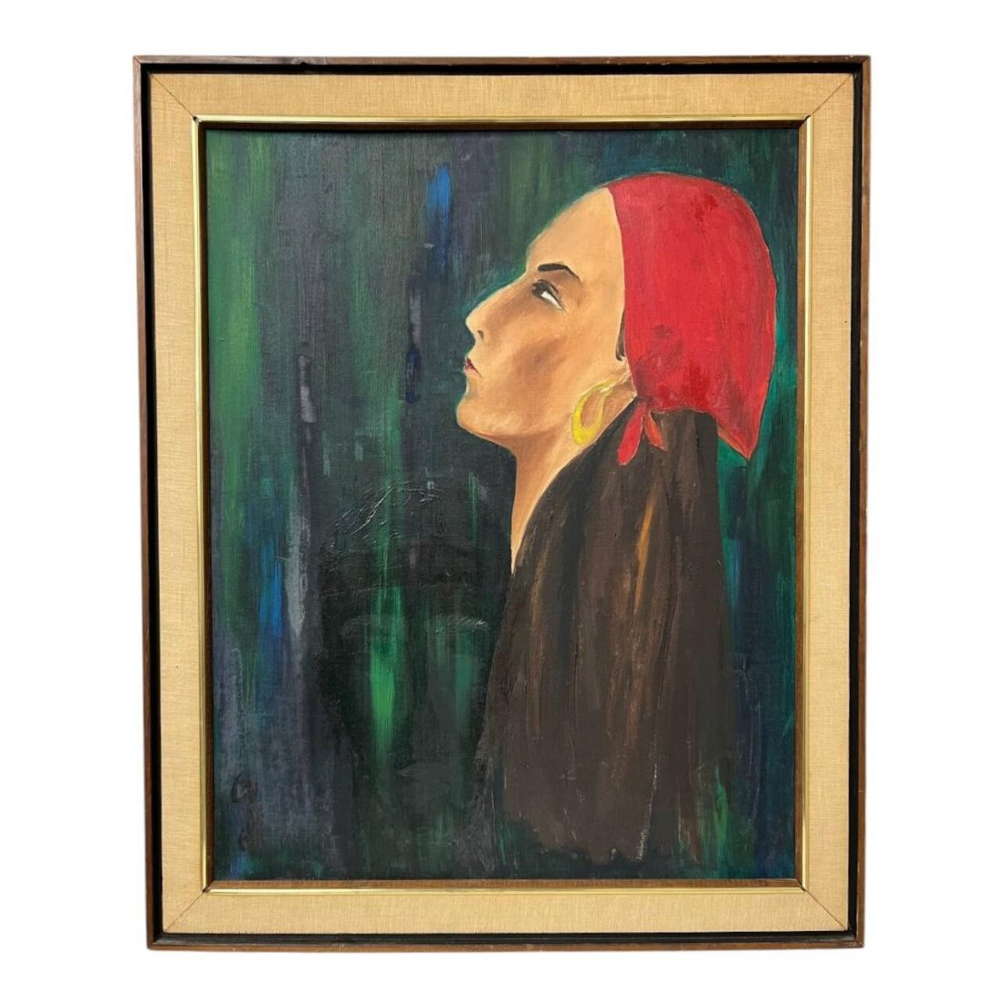 Vintage Original Oil Painting Signed and Dated "Girl with Red Scarf & Earring" - Photo1 Vintage Original Oil Painting Signed and Dated "Girl with Red Scarf & Earring"