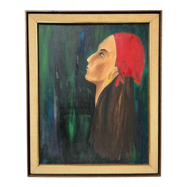Vintage Original Oil Painting Signed and Dated &quot;Girl with Red Scarf & Earring&quot; - Buy